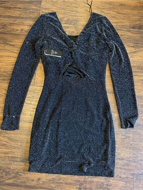 Guess Black Sparkle Twist-Front Long Sleeve Mini Dress